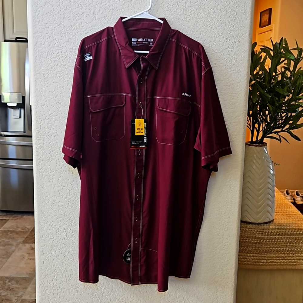 Ariat Vent Tek Mens Shirt, XXLT, Burgundy